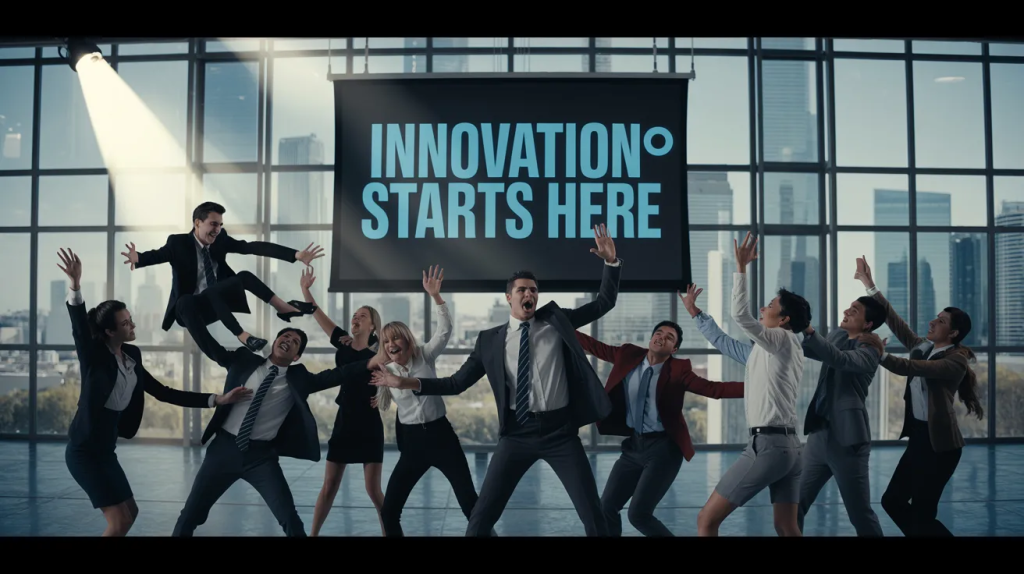 Actors dressed up as employees in a funny corporate video